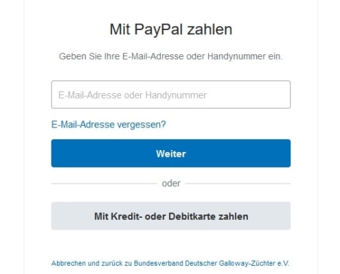 PayPal nach Klick auf Mit Kredit- oder Debitkarte zahlen