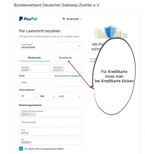 PayPal Auswahl Kreditkarte Klick auf Link